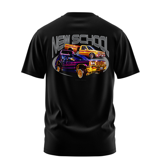 New School graphic tee back, Black, Rollin Hard