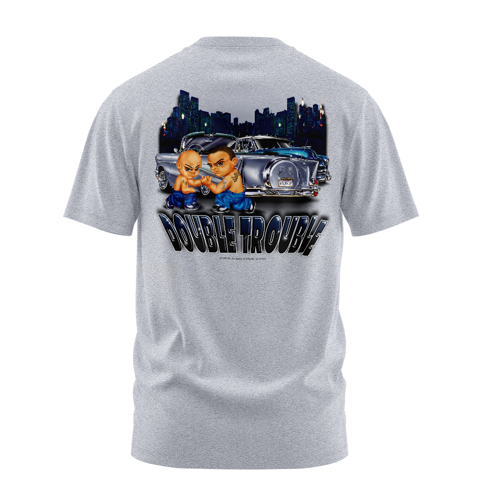 Double Trouble graphic tee back, Athletic Heather, Rollin Hard