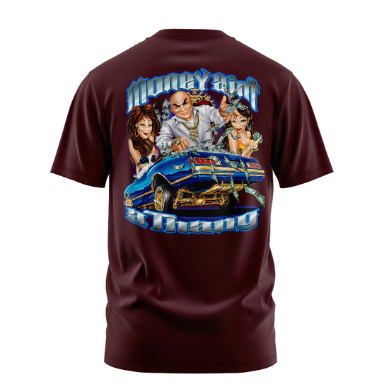 Money Ain't a Thang graphic tee back, burgundy, Rollin Hard
