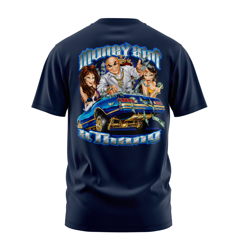 Money Ain't a Thang graphic tee back, navy, Rollin Hard