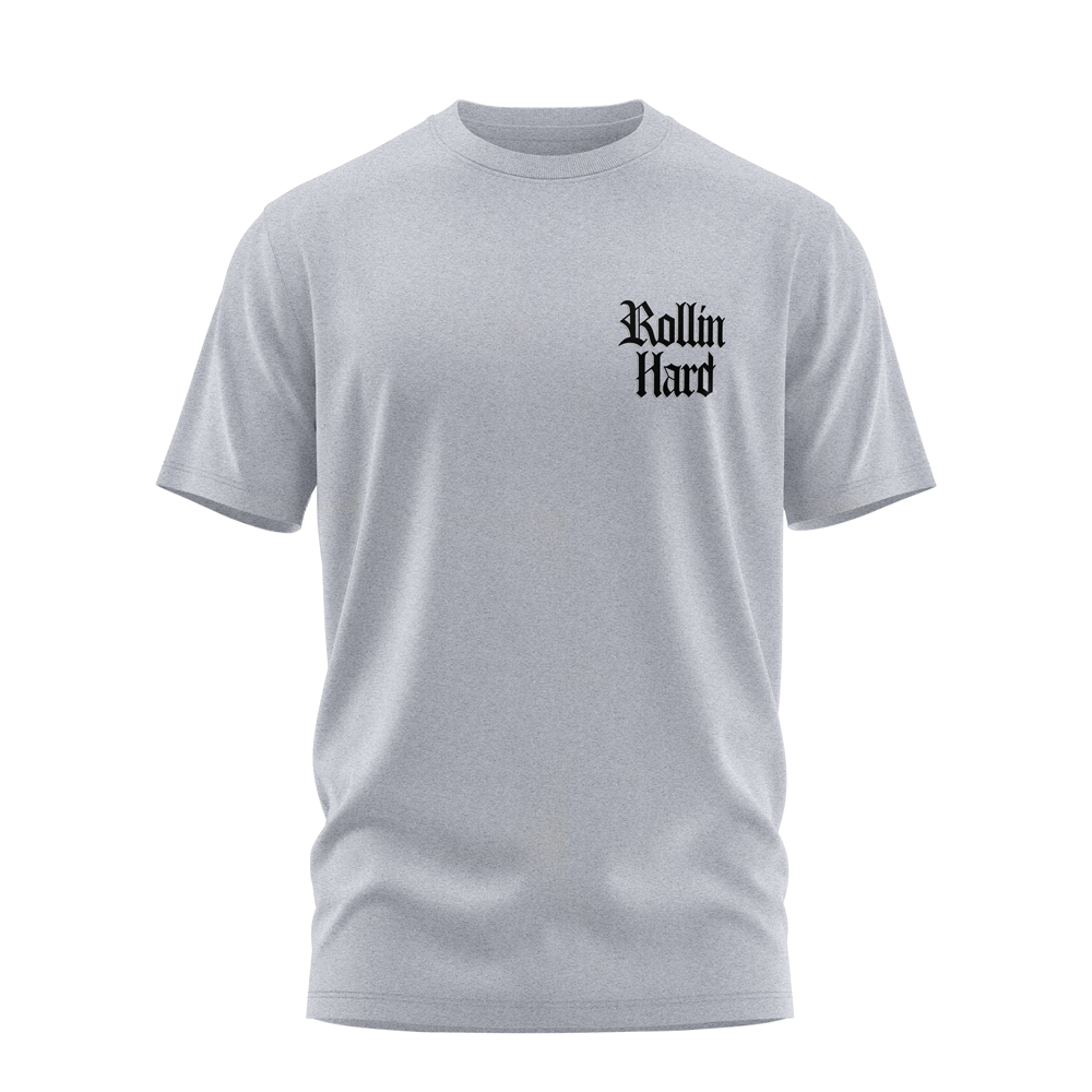 Sexy Eight tee front, Rollin Hard chest script on Athletic Heather