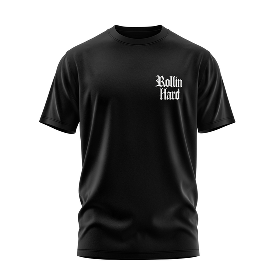 Sexy Eight tee front, Rollin Hard chest script on Black