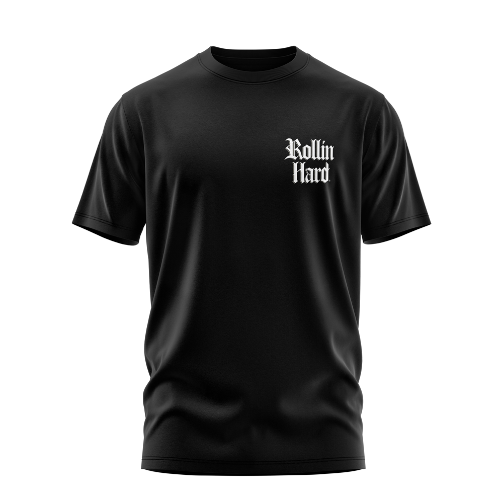 Sexy Eight tee front, Rollin Hard chest script on Black