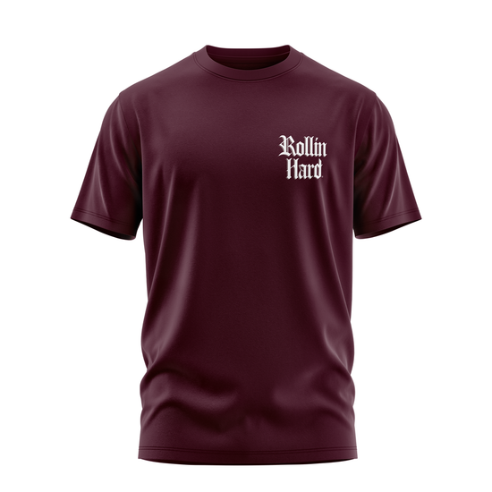 Double Trouble tee front, Rollin Hard chest script on Burgundy