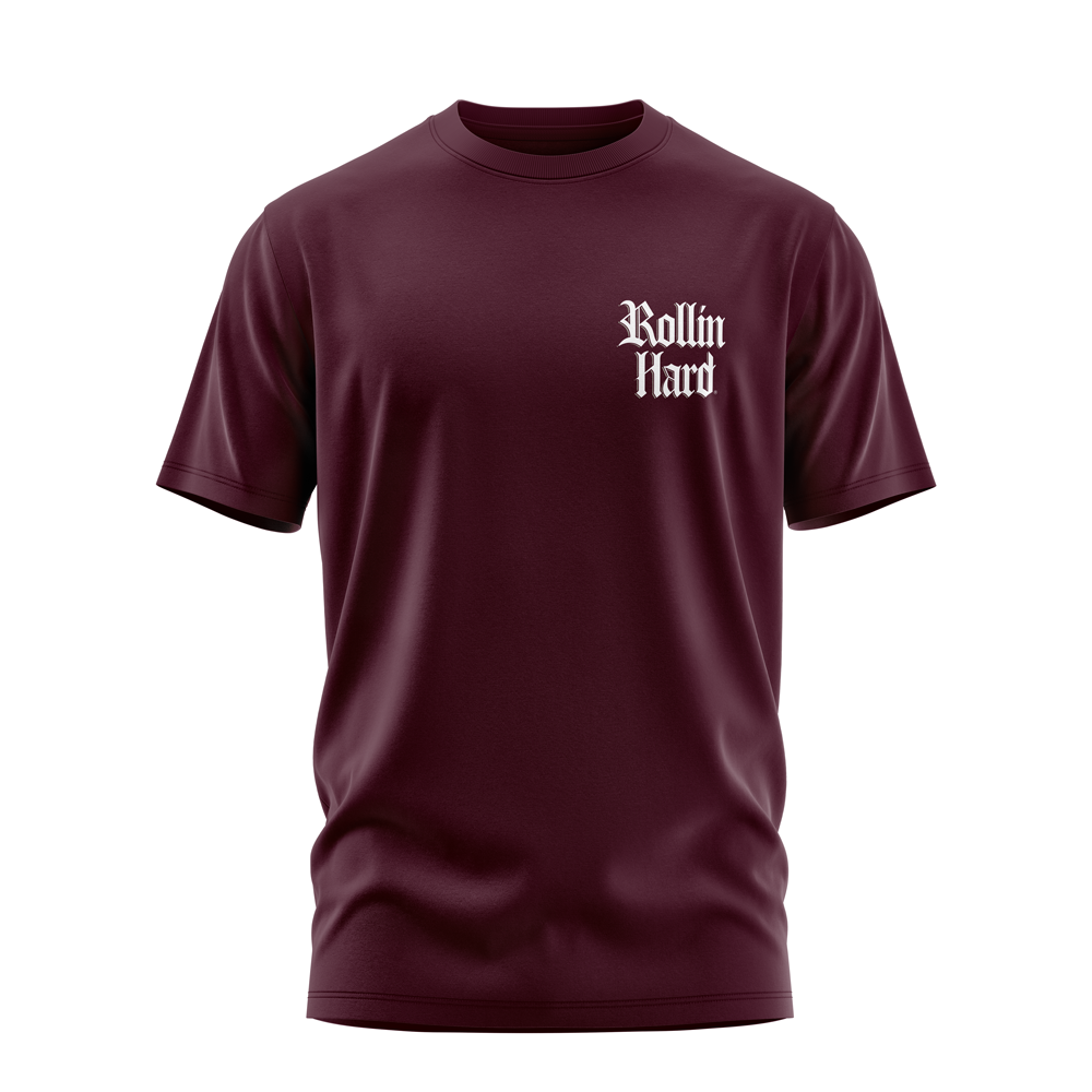 Kid Player tee front, Rollin Hard chest script on Burgundy