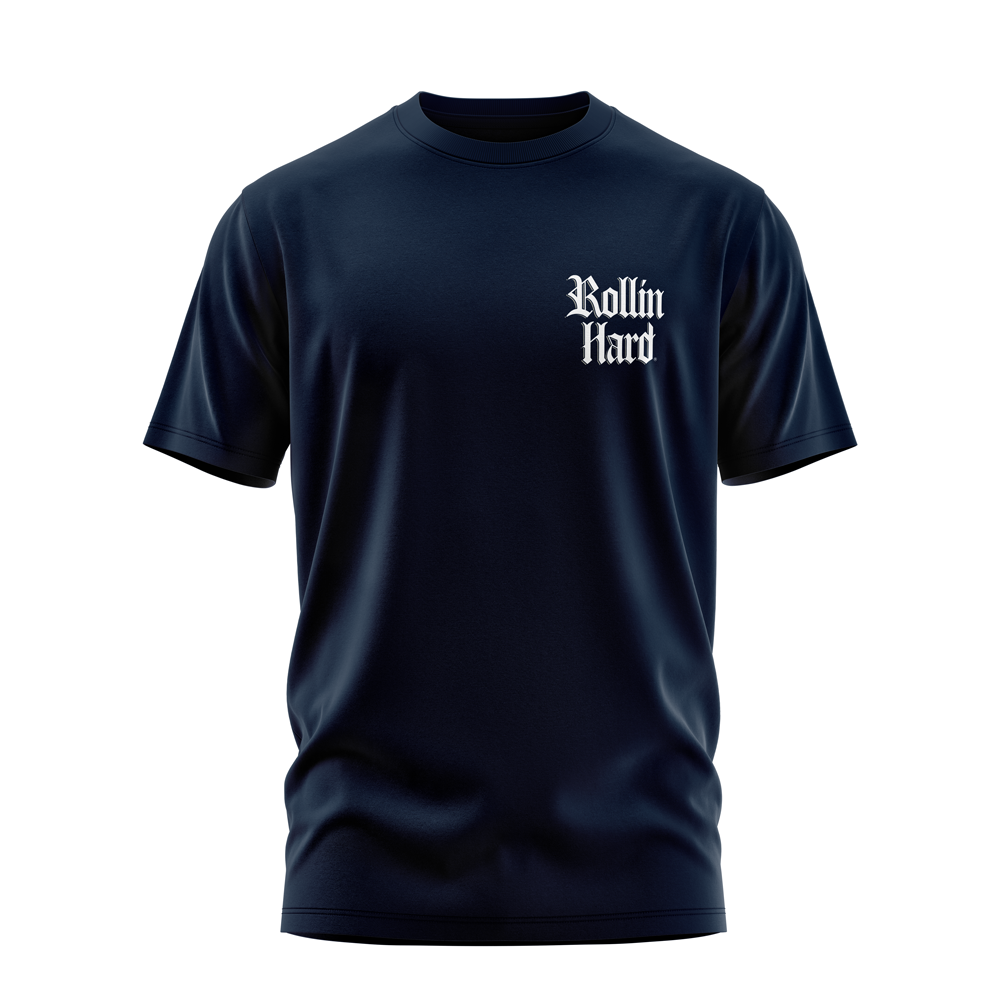 Kid Player tee front, Rollin Hard chest script on Navy