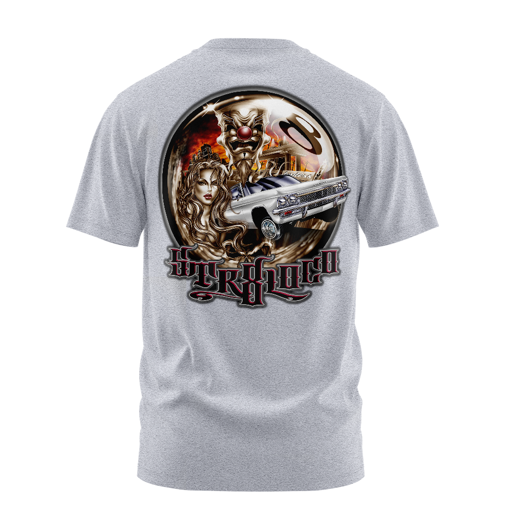Str8 Loco lowrider graphic tee back, athletic heather, Rollin Hard