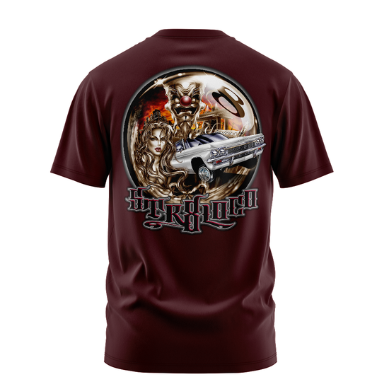 Str8 Loco lowrider graphic tee back, burgundy, Rollin Hard