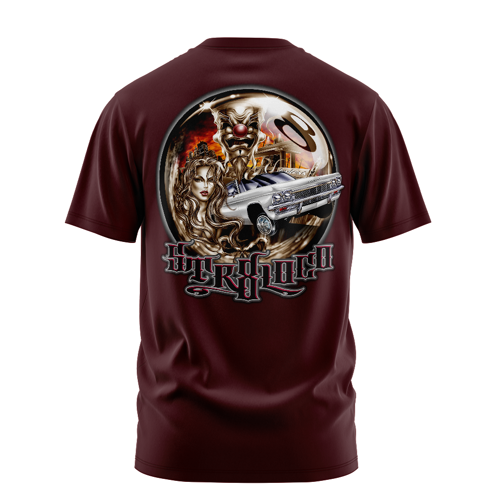 Str8 Loco lowrider graphic tee back, burgundy, Rollin Hard