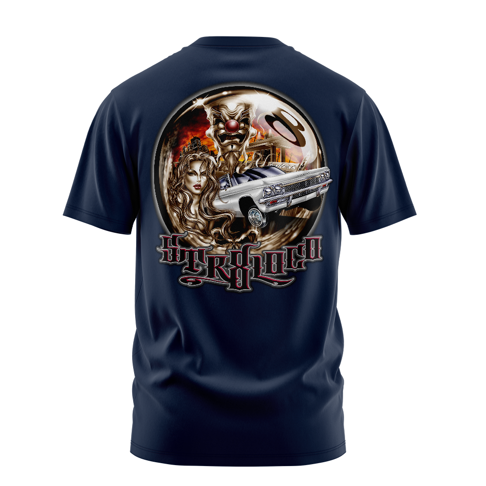 Str8 Loco lowrider graphic tee back, navy, Rollin Hard