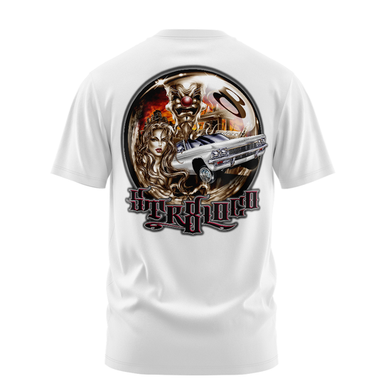 Str8 Loco lowrider graphic tee back, white, Rollin Hard