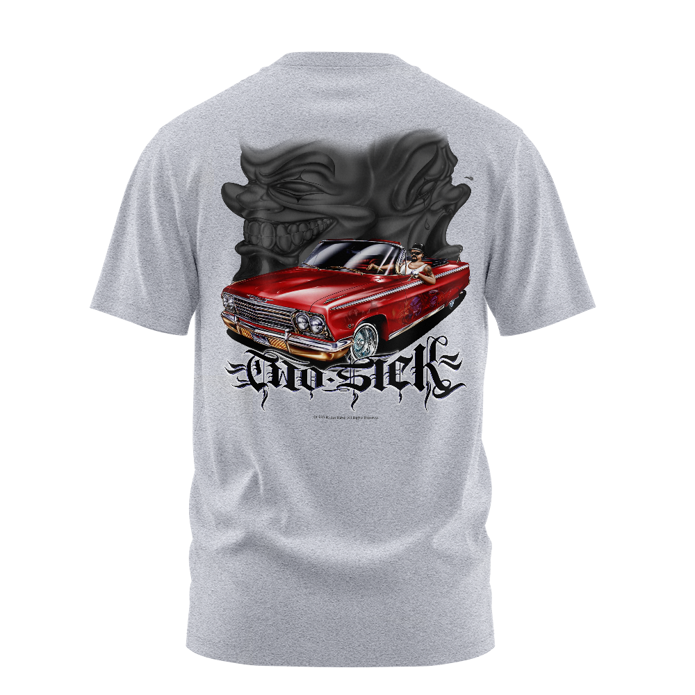 Two Sick graphic tee back, Athletic Heather, Rollin Hard