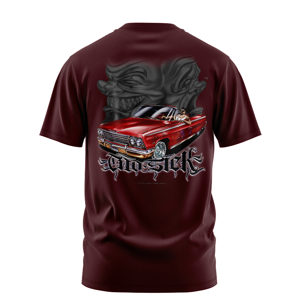 Two Sick graphic tee back, Burgundy, Rollin Hard