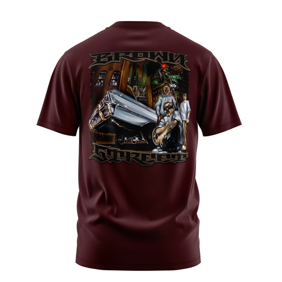 Brown Street lowrider graphic tee back print, burgundy, Rollin Hard