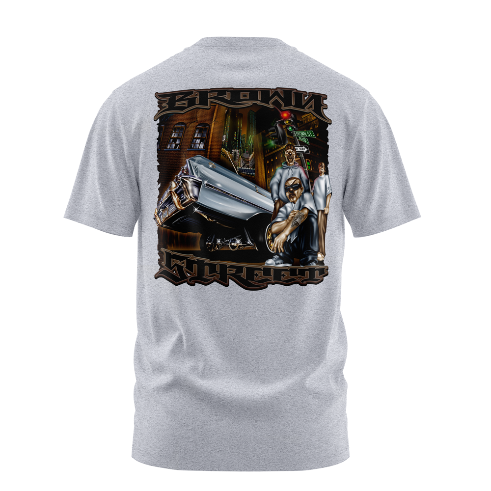 Brown Street lowrider graphic tee back print, athletic heather, Rollin Hard
