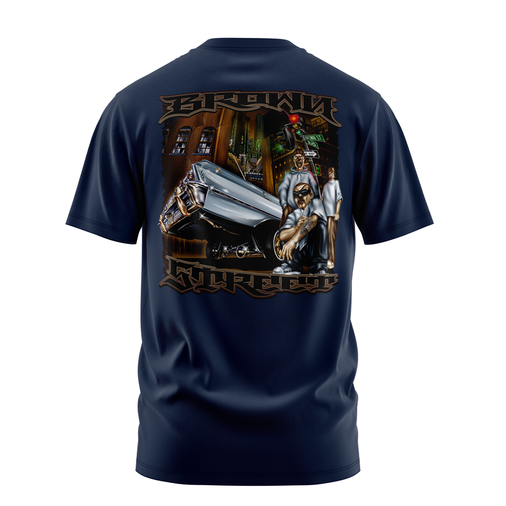 Brown Street lowrider graphic tee back print, navy, Rollin Hard