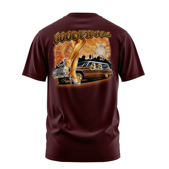 Circus Times lowrider graphic tee back print, burgundy, Rollin Hard