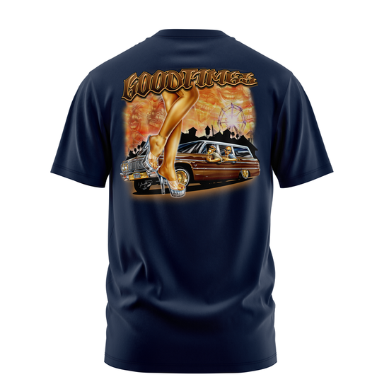 Circus Times lowrider graphic tee back print, navy, Rollin Hard