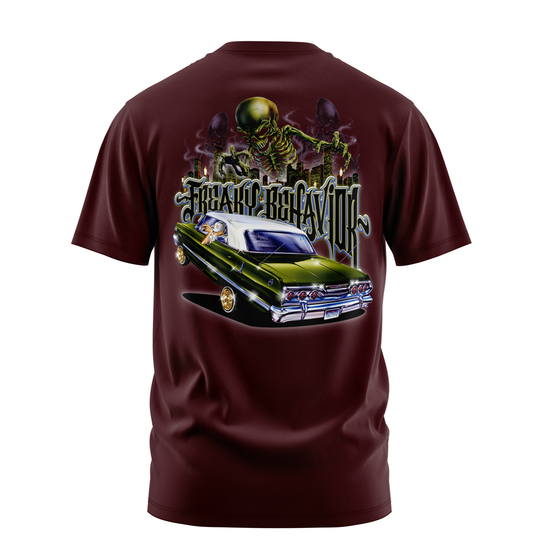 Freaky Behavior lowrider graphic tee back print, burgundy, Rollin Hard