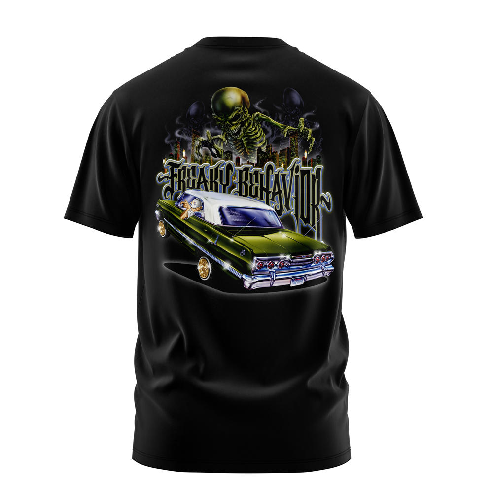 Freaky Behavior lowrider graphic tee back print, black, Rollin Hard