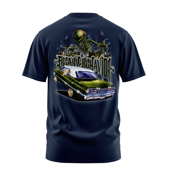 Freaky Behavior lowrider graphic tee back print, navy, Rollin Hard
