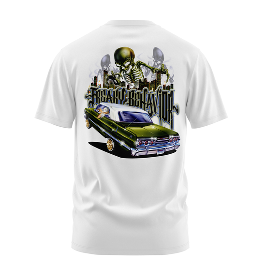 Freaky Behavior lowrider graphic tee back print, white, Rollin Hard