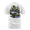 Freaky Behavior lowrider graphic tee back print, white, Rollin Hard