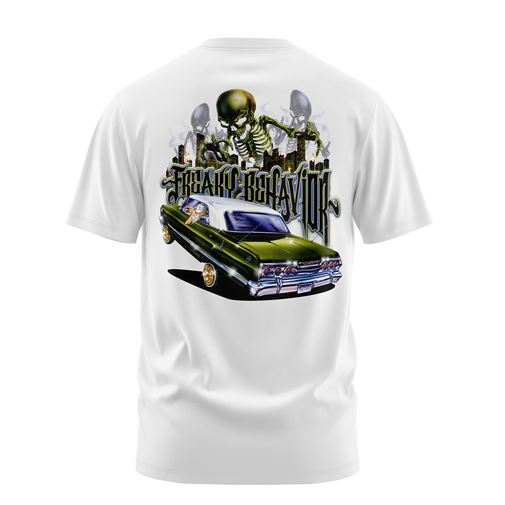 Freaky Behavior lowrider graphic tee back print, white, Rollin Hard