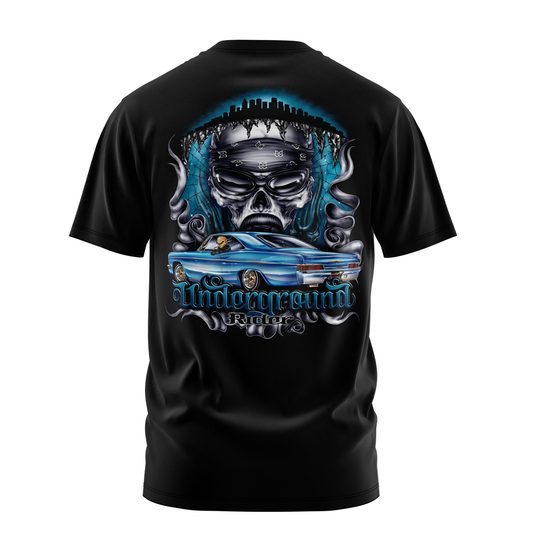 Underground Rider lowrider graphic tee back print, black, Rollin Hard